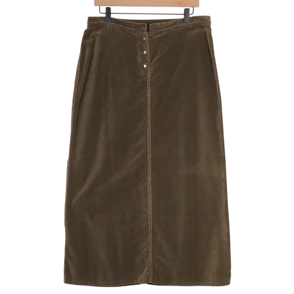 SUNDANCE Velvet Midi Skirt Sz 12 Brown Button Front 100% Cotton Casual Comfort